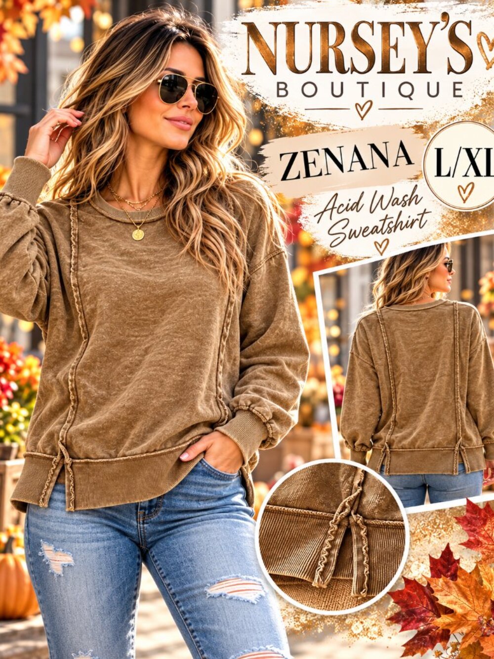 Zenana L/XL Brown Acid Wash Exposed Seam Cotton Sweatshirt Side Slit NIB
